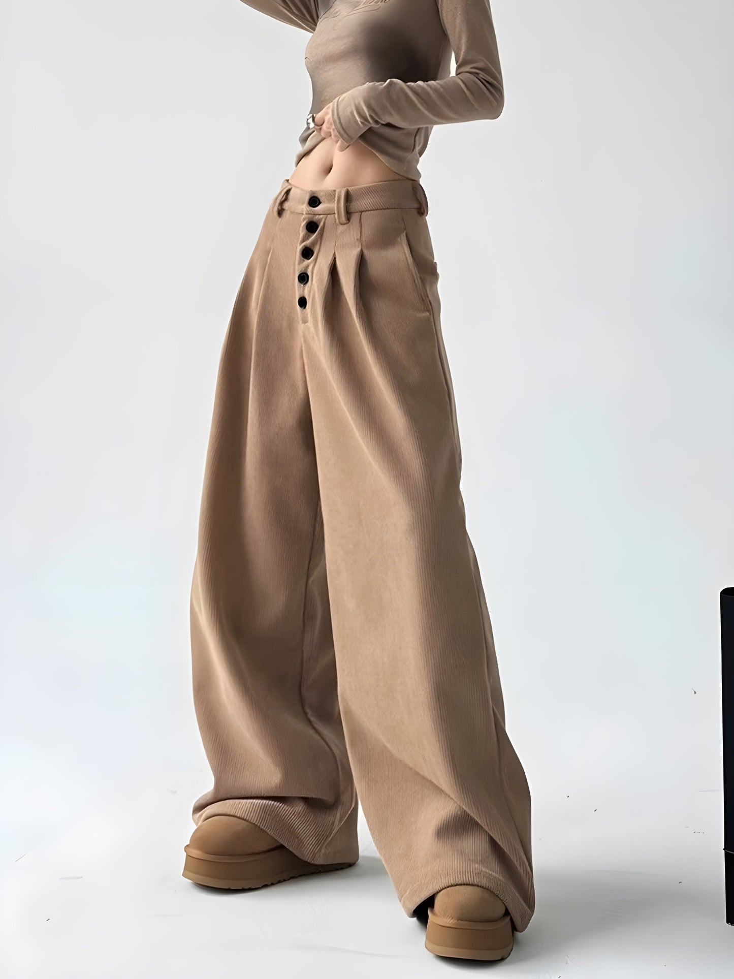 Iris Pantalon Palazzo Velours Côtelé À Taille Haute Ceinturée Avec Plis Boutons Et Coupe Ample