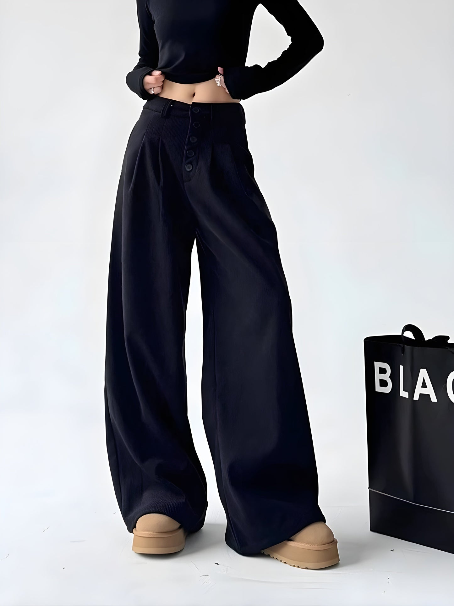 Iris Pantalon Palazzo Velours Côtelé À Taille Haute Ceinturée Avec Plis Boutons Et Coupe Ample