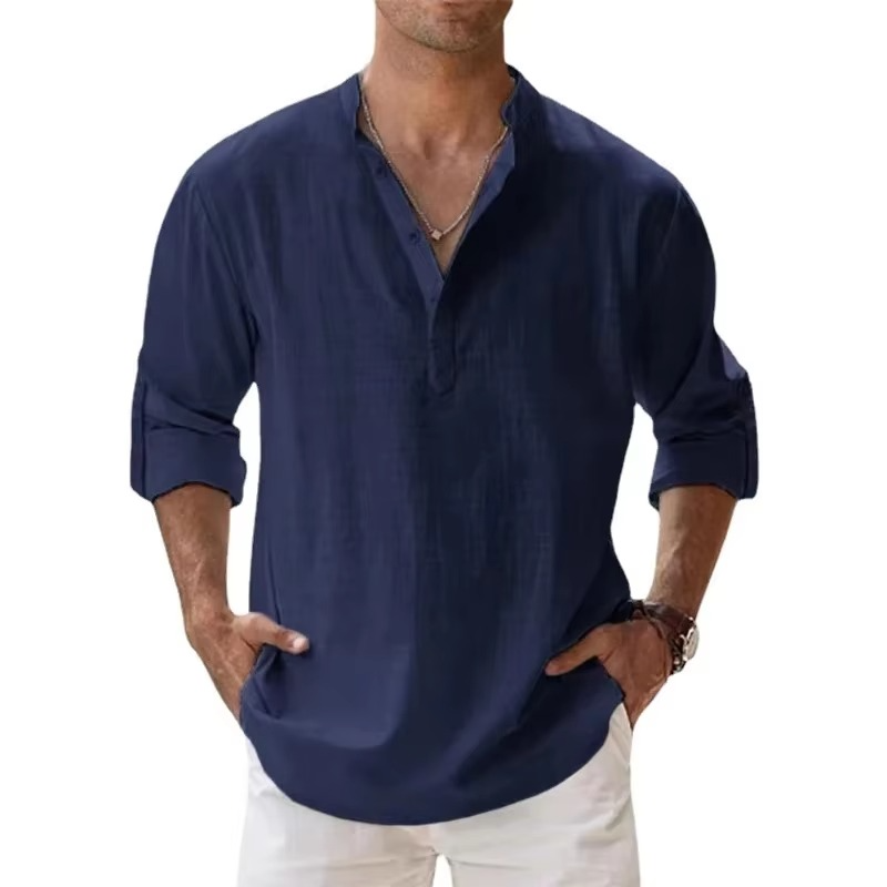 Chemise Henley Légère En Coton Lin Pour Homme Manches Longues Idéale Pour Été Vêtements De Plage Décontractés