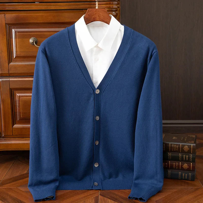 Amawinc William Heritage Cardigan Pour Hommes Gris Mélange Cachemire Laine Col V Coupe Décontractée