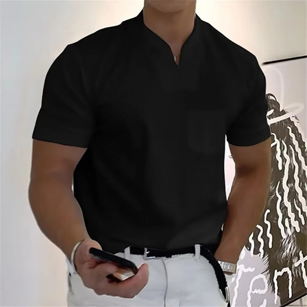 T Shirt Homme Été Col V Manches Courtes Coton Élastique Respirant Athlétique Décontracté