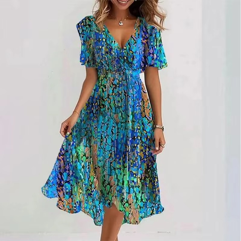 Robe Été Décontractée À Encolure V Imprimé Floral Ample Pour Femme Manches Courtes Confortable Et Respirante