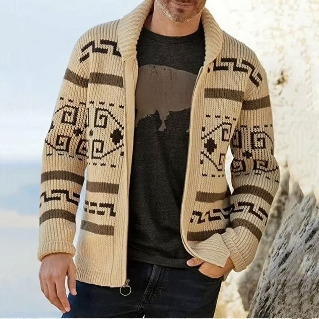 Amawinc Cardigan Tricot Jacquard Homme Col Châle Zip Vintage Chaleur Hivernale Pour Porter Au Quotidien