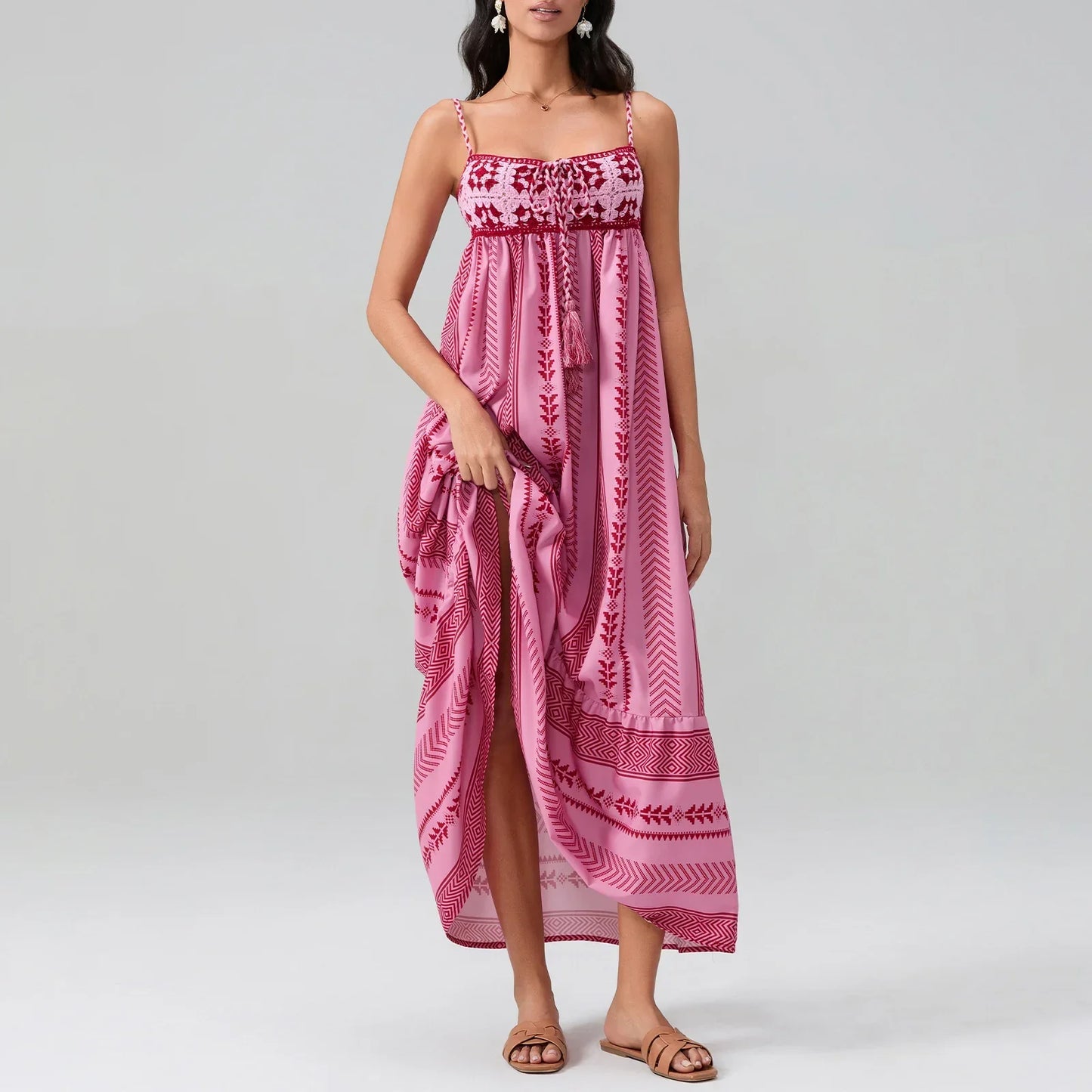 Robe Maxi Marisol Rose En Cascade Pour Été, Confort Léger Et Respirant, Amawinc Chic