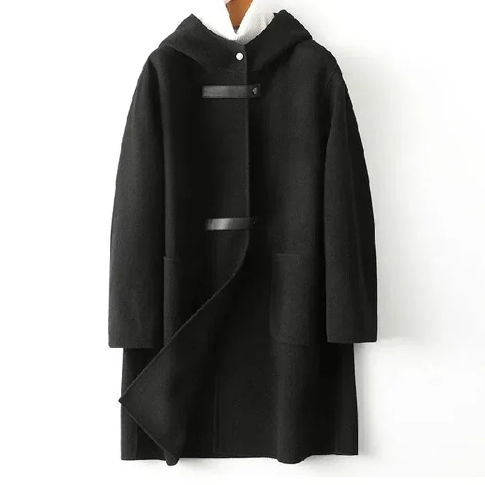 Manteau Long En Laine À Capuche Celina Avec Coupe Décontractée Design Double Face Poches Spacieuses