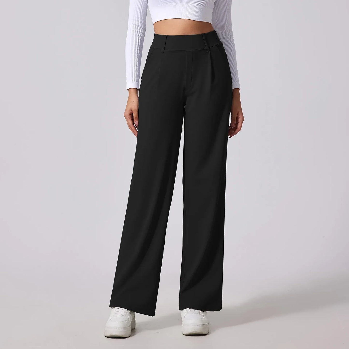 Pantalon Slacks Mono Line Haute Taille À Drapé Fluide Avec Poches Latérales Profondes
