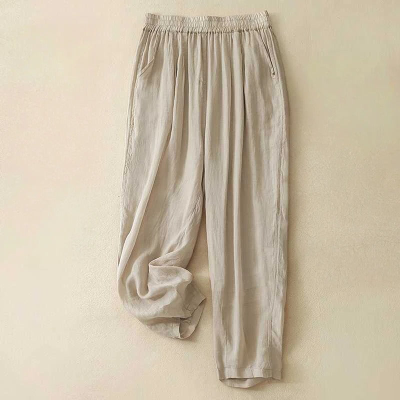Pantalons Sage Coast En Lin Mélangé À Taille Élastique Avec Poches Latérales Décontractées