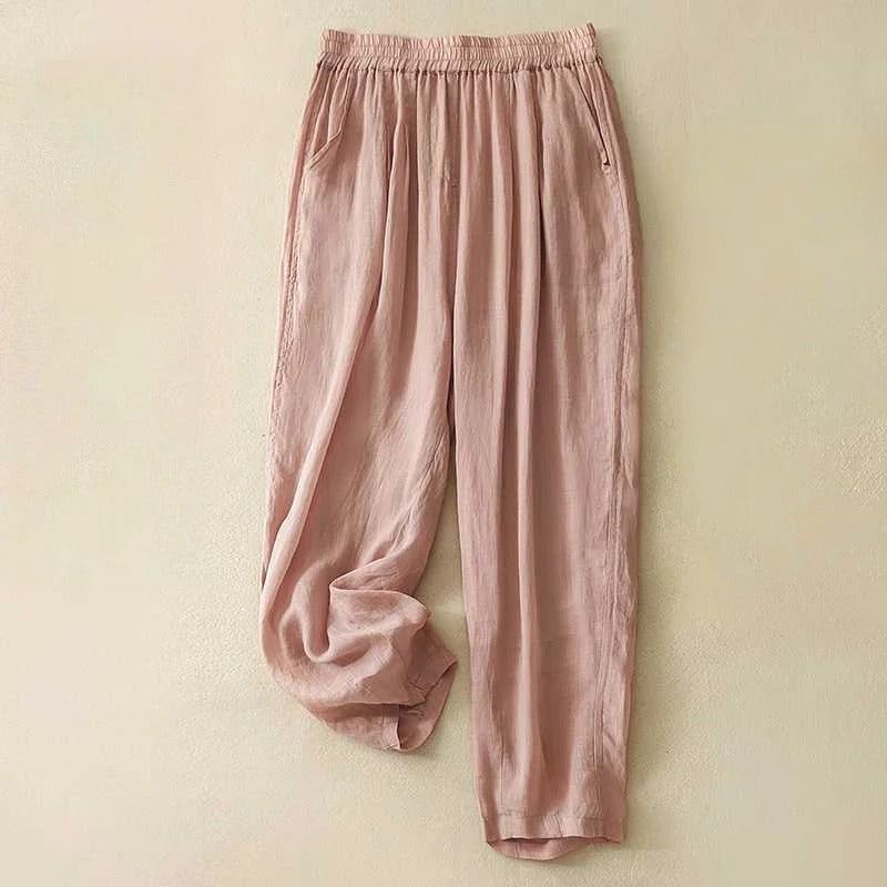 Pantalons Sage Coast En Lin Mélangé À Taille Élastique Avec Poches Latérales Décontractées