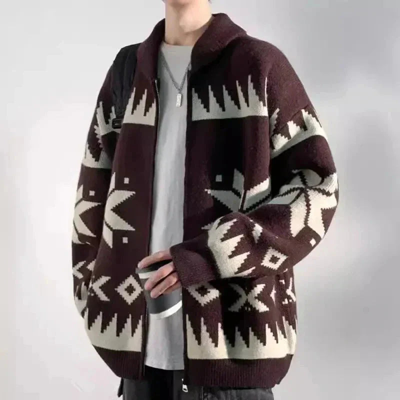 Pull Zippé En Maille Motifs Nordiques Géométriques Oversize Chaud Et Confortable Pour Hiver