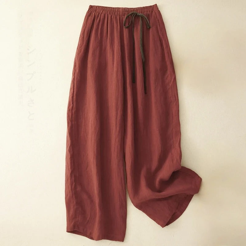 Pantalon En Lin Mélangé Sandra À Cordon Contrasté Coupe Large Décontractée Taille Élastique