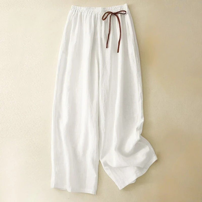 Pantalon En Lin Mélangé Sandra À Cordon Contrasté Coupe Large Décontractée Taille Élastique