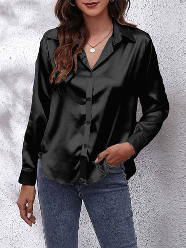 Blouse Satinée Femme Nordic Flair Avec Fermeture Par Boutons Col Classique Manches Longues Coupe Ample Élégante
