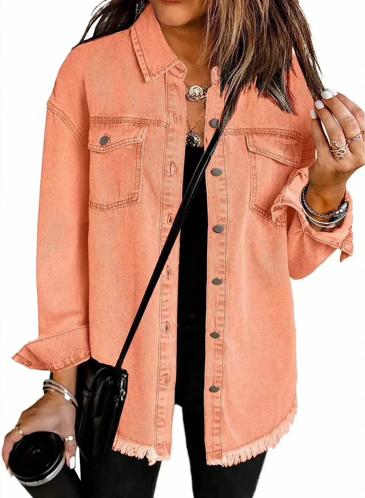Sophia Amawinc Veste Chemise Denim Doux Lavé Coton Ourlet Frangé Décontractée Pour Superposition