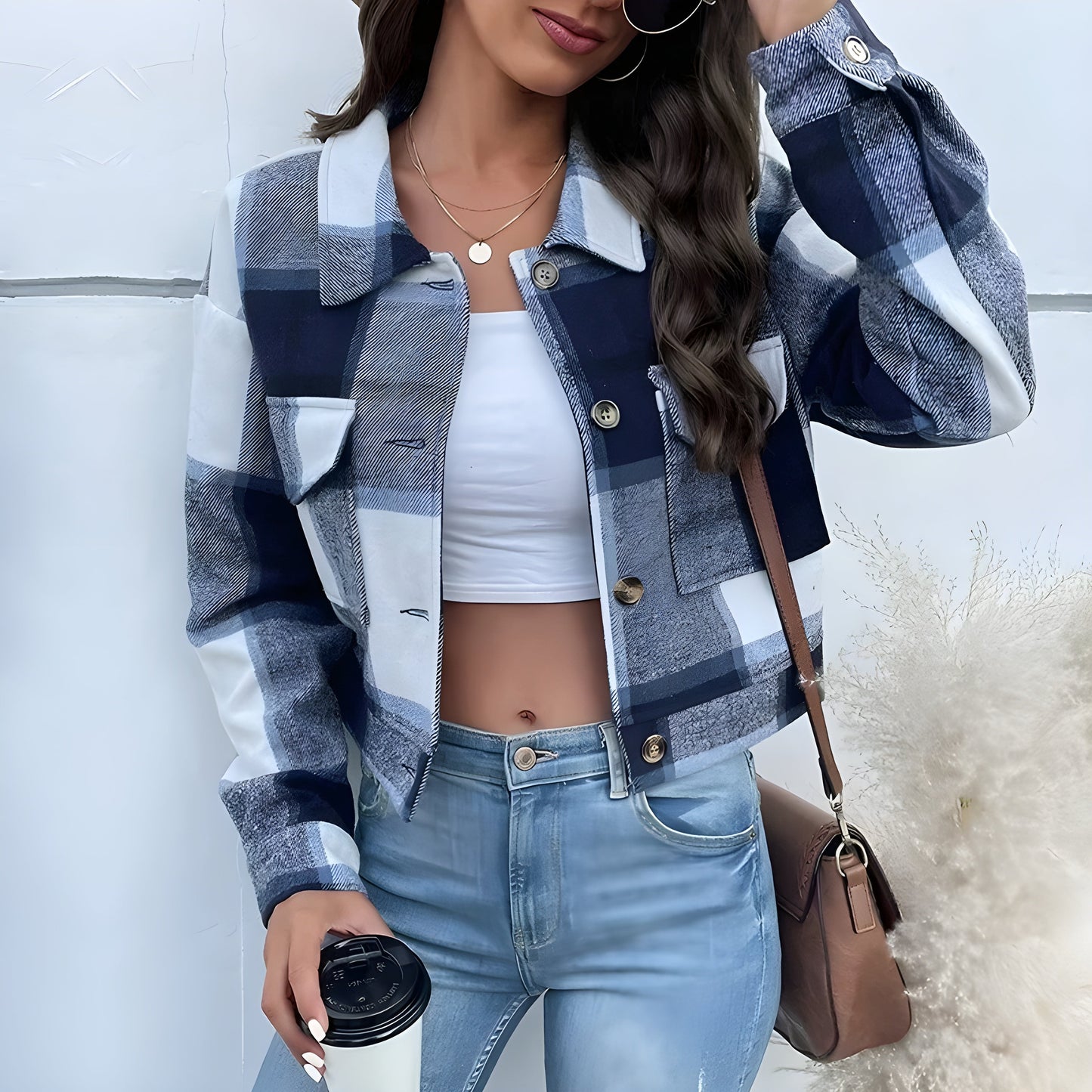 Veste Courte À Carreaux Lavés Avec Poches Plaquées Boutons En Corne Synthétique Col Revers Poignets De Chemise