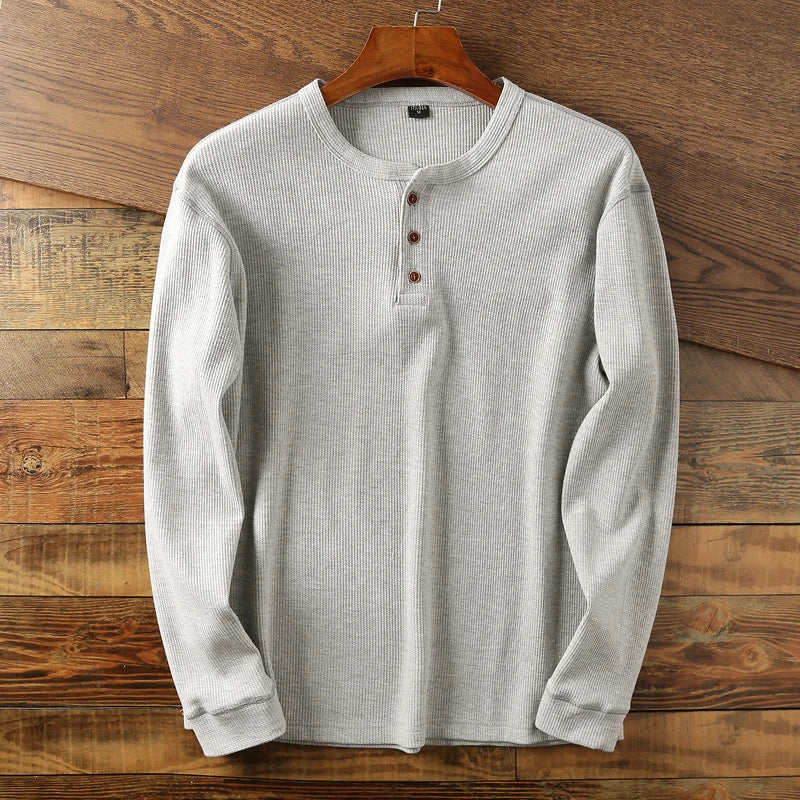 Henley À Manches Longues Mélange Coton Maille Waffle Confort Premium Surpiqûres Doubles