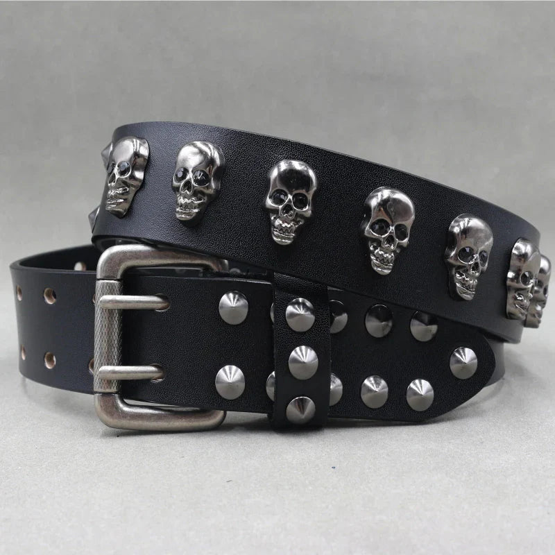 Amawinc Ceinture en Cuir Cloutée pour Homme avec Boucle Ajustable et Clous Crâne Argentés