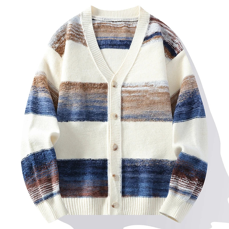 Cardigan Yuto Motifs Pinceaux Bloc Couleur Col En V Décontracté Style Japonais En Microfibre Lavable En Machine