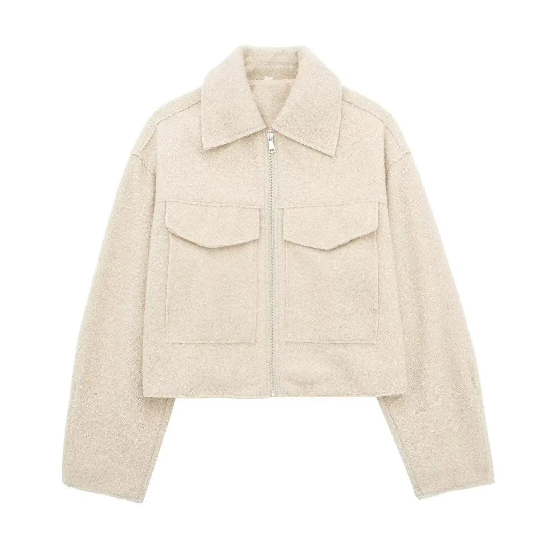 Veste Urbaine Couture À Coupe Ajustée Fermeture Éclair Poches Frontales Fonctionnelles Col Revers Vintage Tissu Doux