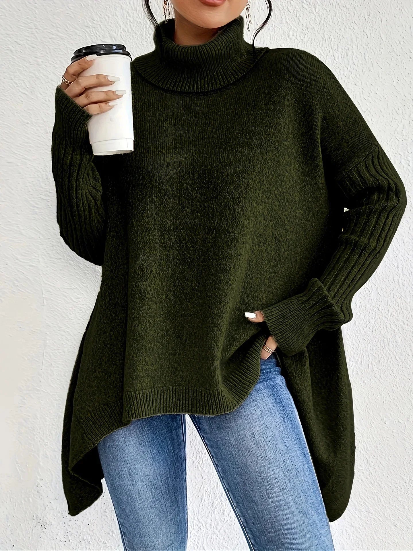 Pull Décontracté Col Roulé Ample Avec Ourlet Asymétrique Pour Femme Confort Douillet Et Élégant