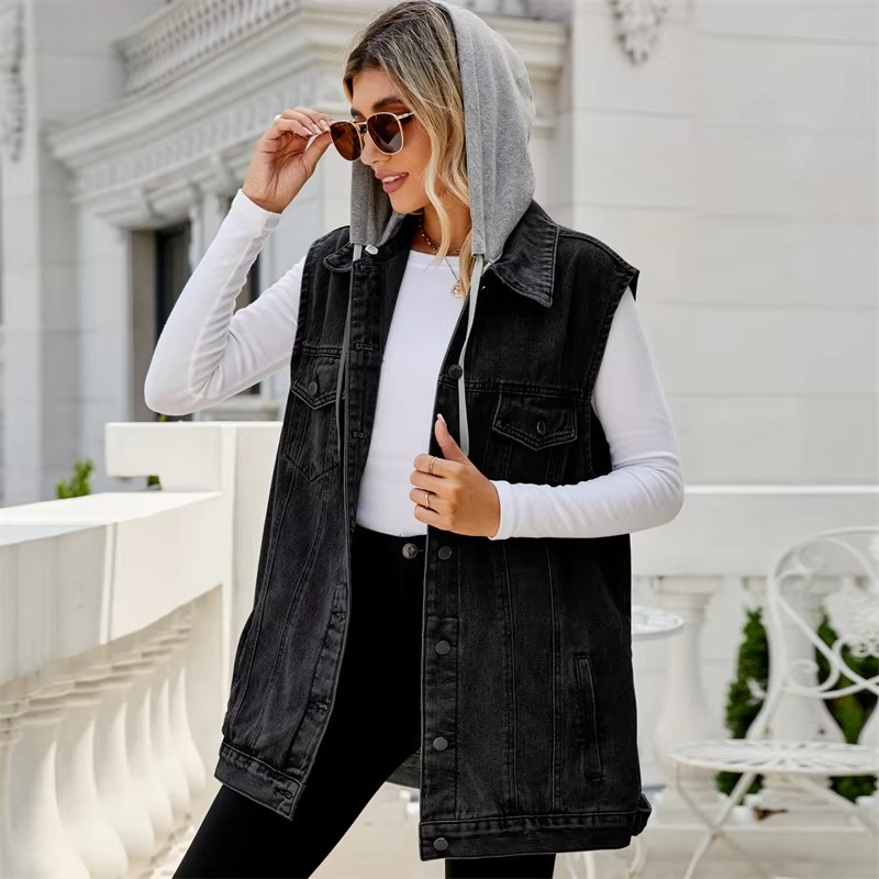 Veste En Jean Pour Femmes Avec Capuche Amovible Sans Manches Et Gilet À Simple Boutonnage Décontracté