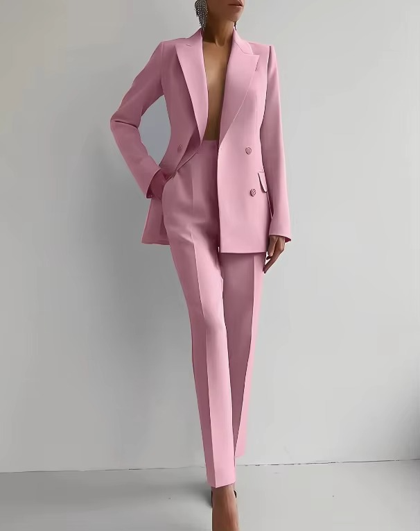 Ensemble Blazer Femme Et Pantalon Taille Haute Deux Pièces Couleur Unie Amawinc Élégant