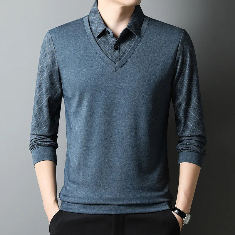Aaron 2 en 1 Chemise à Manches Longues Style Polo Côtelé Pull Intégré Look Superposé Pour Travail et Loisirs