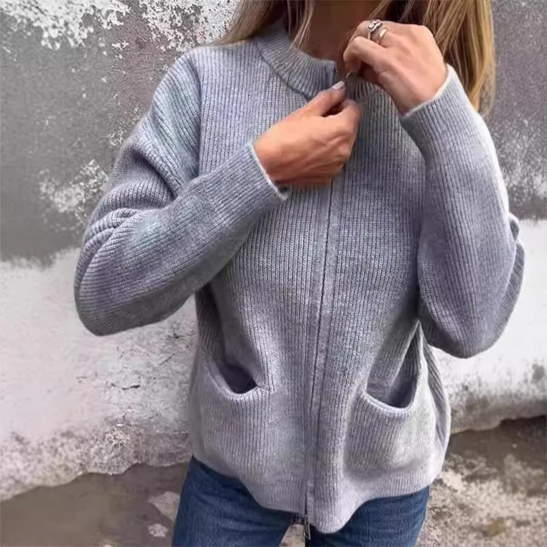 Veste Tricotée à Col Montant et Fermeture Éclair pour Femme, Confort et Style Quotidien