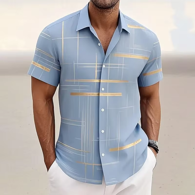 Chemise Homme Manches Courtes À Carreaux Géométriques 3D Boutonnée Pour Style Décontracté Moderne Amawinc