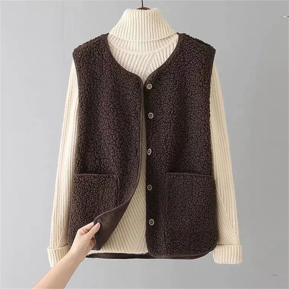 Gilet Cascade En Laine D'Agneau Doux Avec Bouton Devant Poches Latérales Spacieuses Idéal Automne Hiver