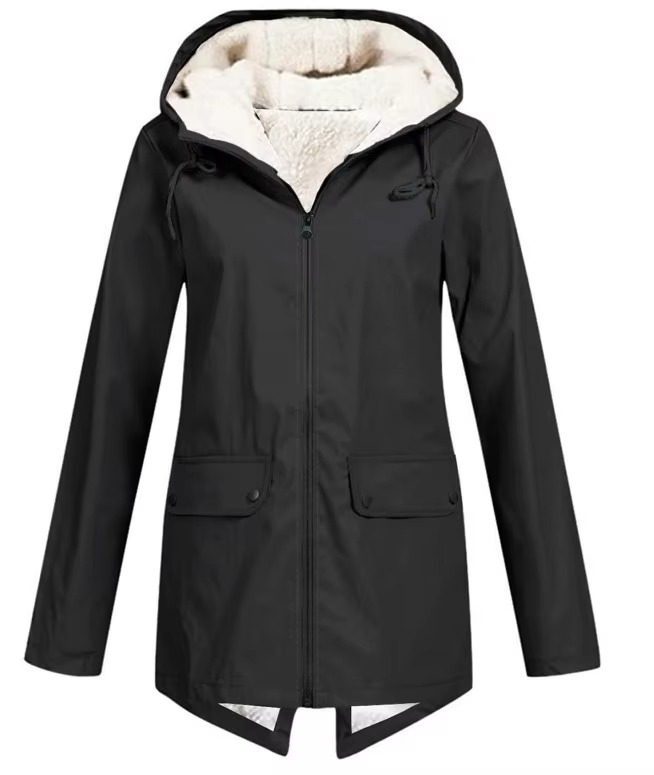 Veste Trench Imperméable À Capuche Doublée Velours Pour Automne Et Hiver Pour Femmes