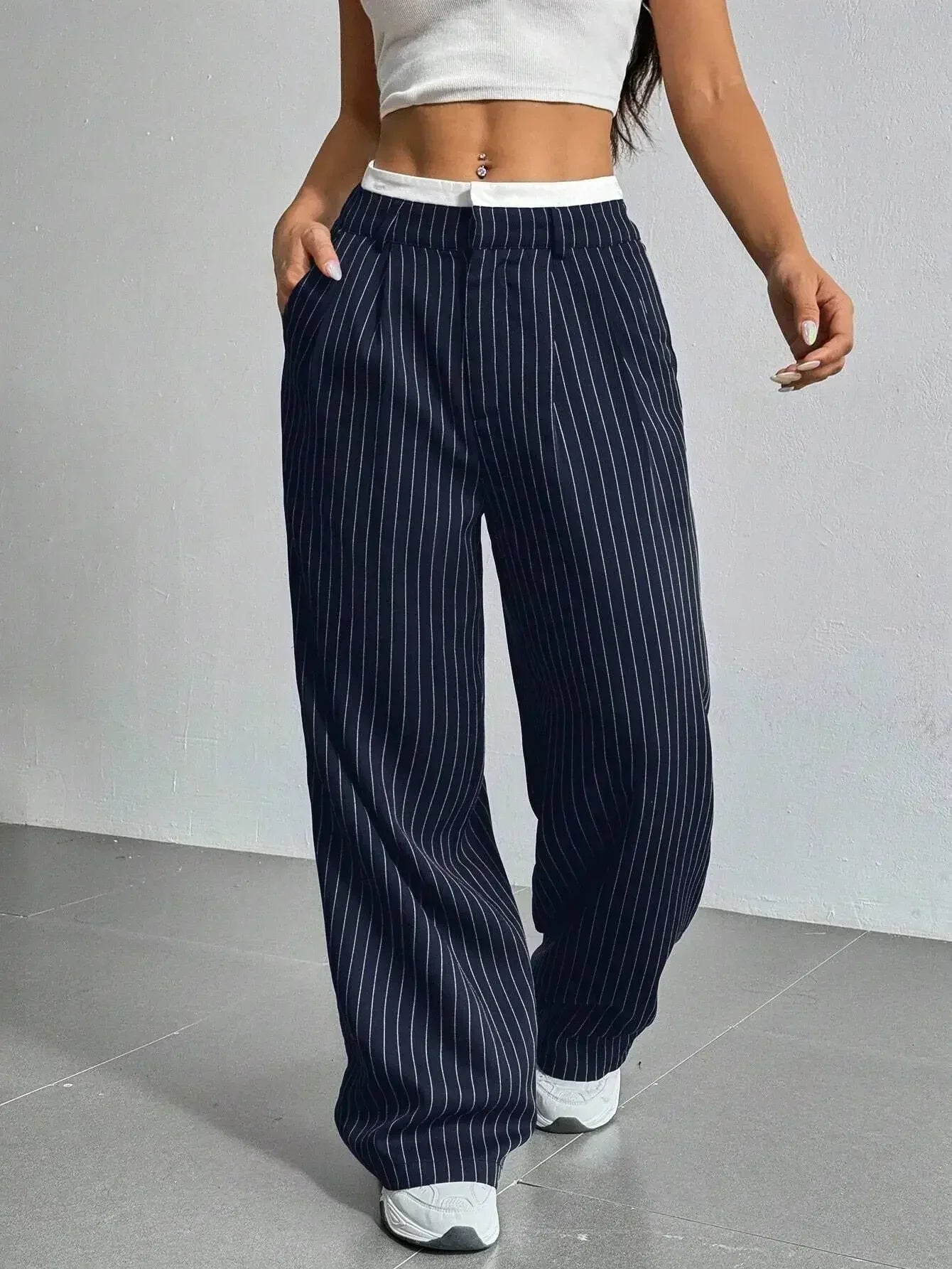 Amawinc Pantalon Taille Haute À Rayures Pinstripe Élégant Confortable Pour Bureau et Dîner