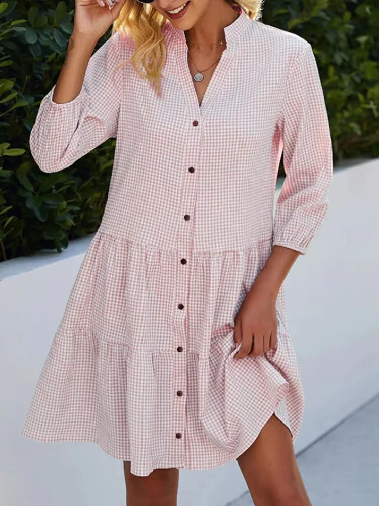 Robe Chemise À Carreaux À Encolure En V Manche Longue Léger Pour Printemps Et Automne