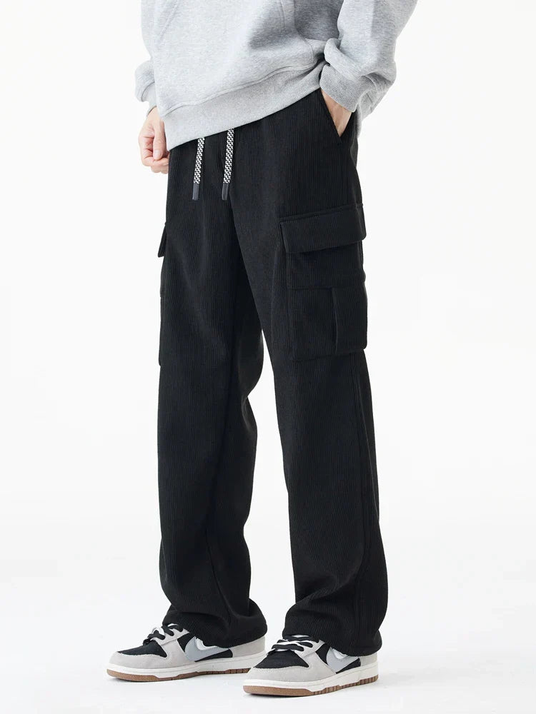 Pantalon De Sweat Velours Côtelé Doublé Polaire Intérieur Coupe Droite Décontractée Style Cargo Hivernal Confort