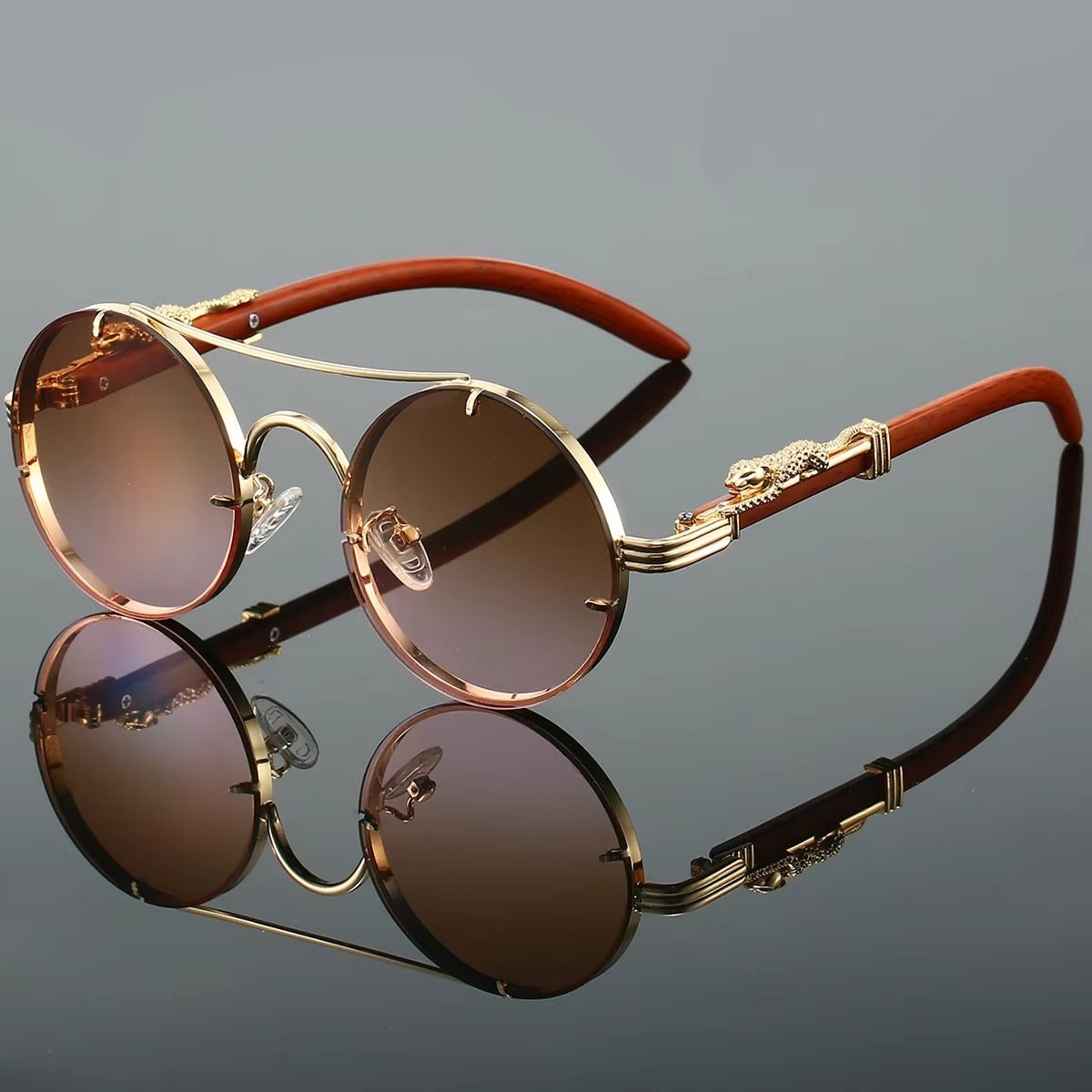 Lunettes De Soleil Rondes Vintage Avec Double Pont Unisexe Cadre Or Et Lentilles Rouges Amawinc