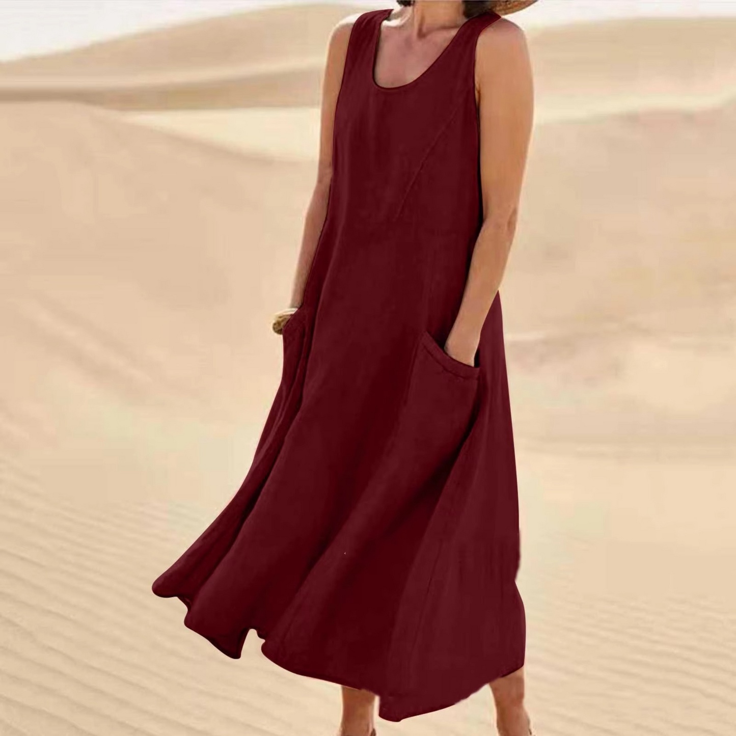 Robe Maxi Sans Manches En Coton Lin Avec Poches Pour La Plage, Coupe Décontractée, Tailles S À 5XL Amawinc
