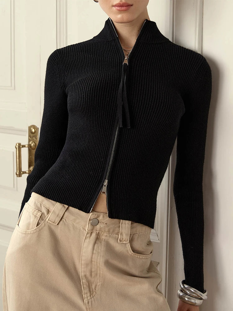 Cardigan Tricot Femme Slim Fit Texture Côtelée Fermeture Éclair Devant Col Montant Nordisk-Flair