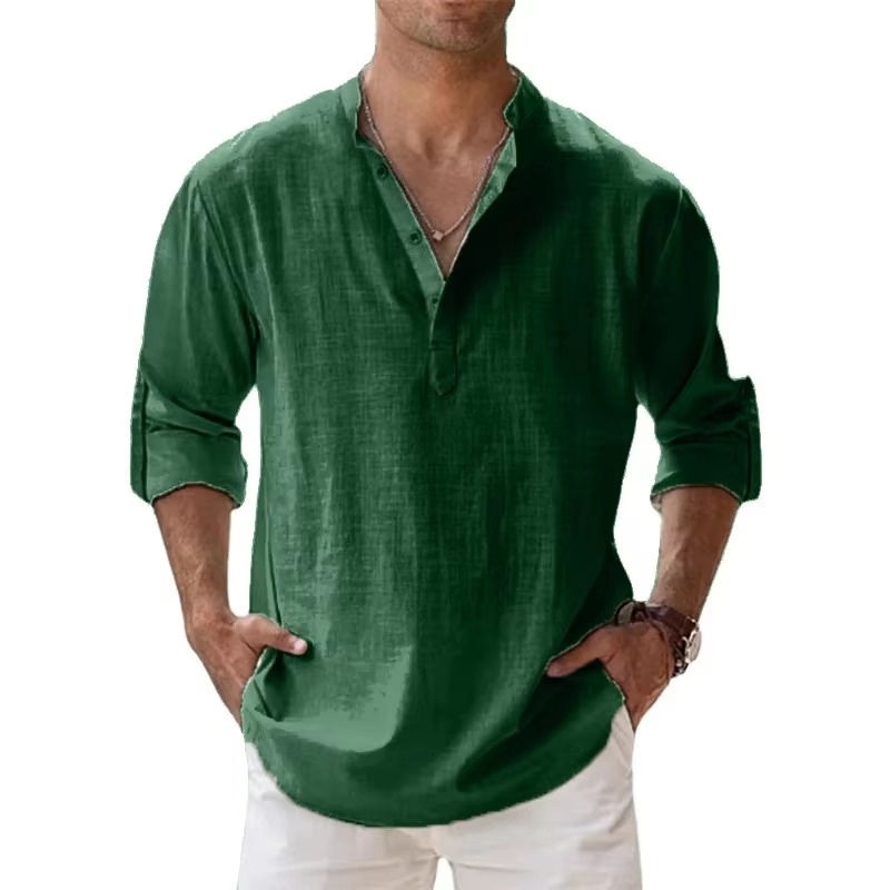 Chemise Henley Légère En Coton Lin Pour Homme Manches Longues Idéale Pour Été Vêtements De Plage Décontractés