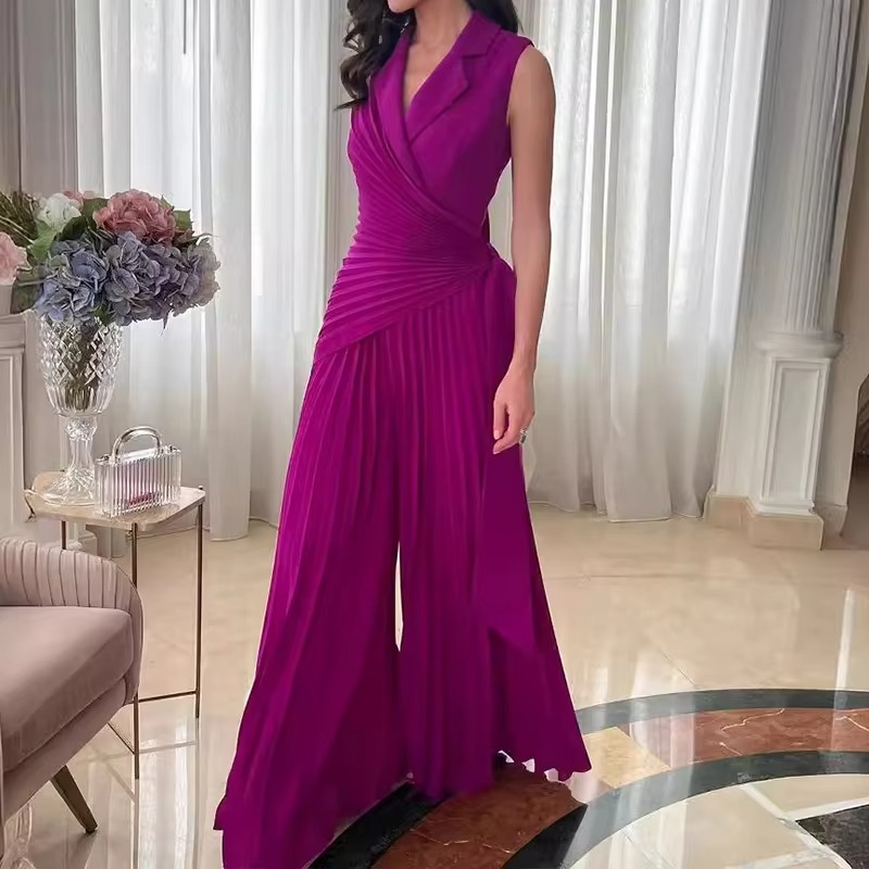 Combinaison Sans Manches Taille Haute Plissée Avec Pantalon Évasé Pour Bureau Moderne Élégant