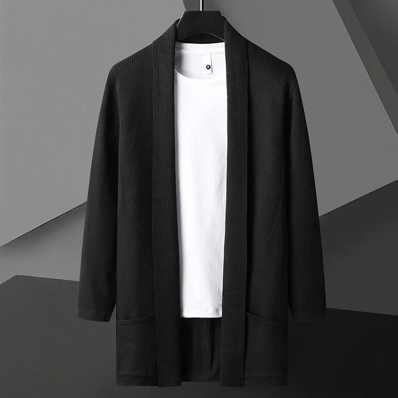Hollen Cardigan Homme Léger Long Drapé Ouvert Devant Mélange Coton Lin Fini Mat Avec Poches Cachées