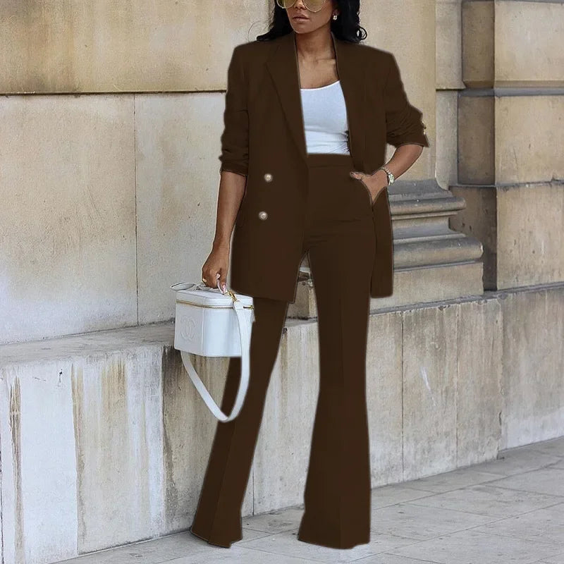 Ensemble Costume Chic Pour Femme Avec Veste Longue Taillée Et Pantalon À Taille Haute