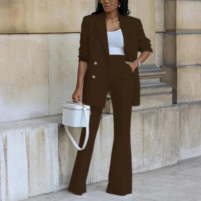 Ensemble Tailleur Long À Double Boutonnage Et Pantalon Évasé Pour Femme Style Bureau Élégant