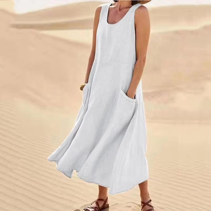 Robe Maxi Sans Manches En Coton Lin Avec Poches Pour La Plage, Coupe Décontractée, Tailles S À 5XL Amawinc