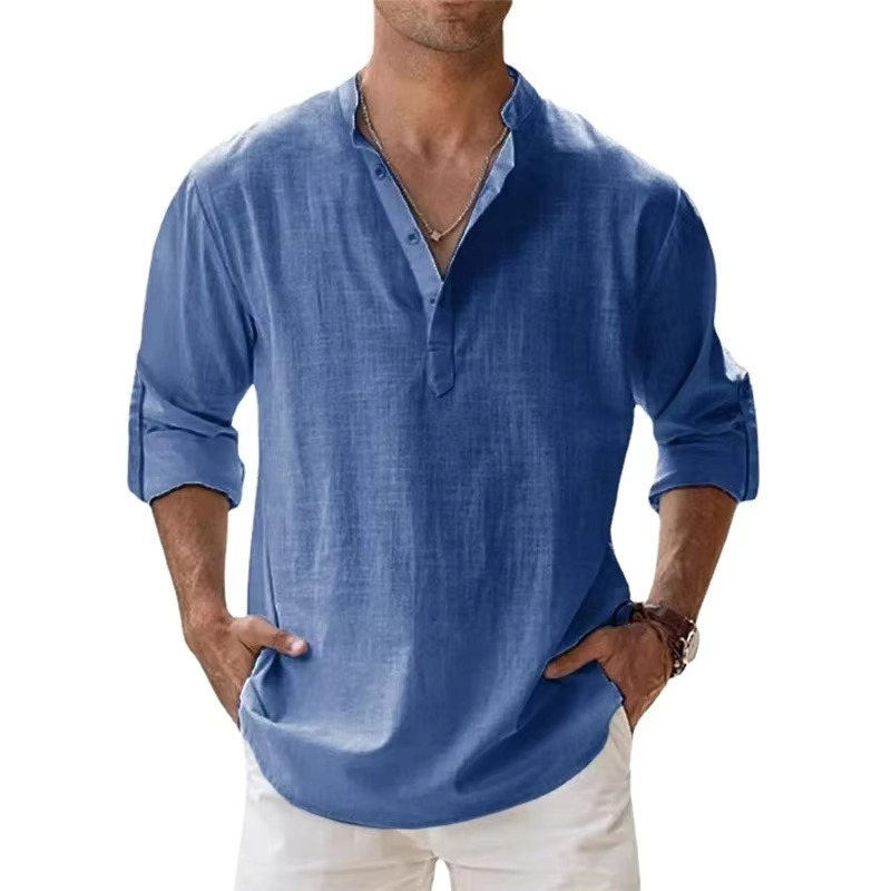 Chemise Henley Légère En Coton Lin Pour Homme Manches Longues Idéale Pour Été Vêtements De Plage Décontractés