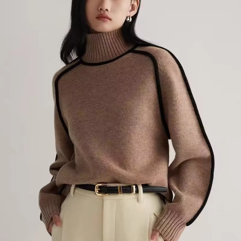 Pull Col Roulé À Rayures Femme Tricot Décontractée Manche Longue Chaud Et Élégant