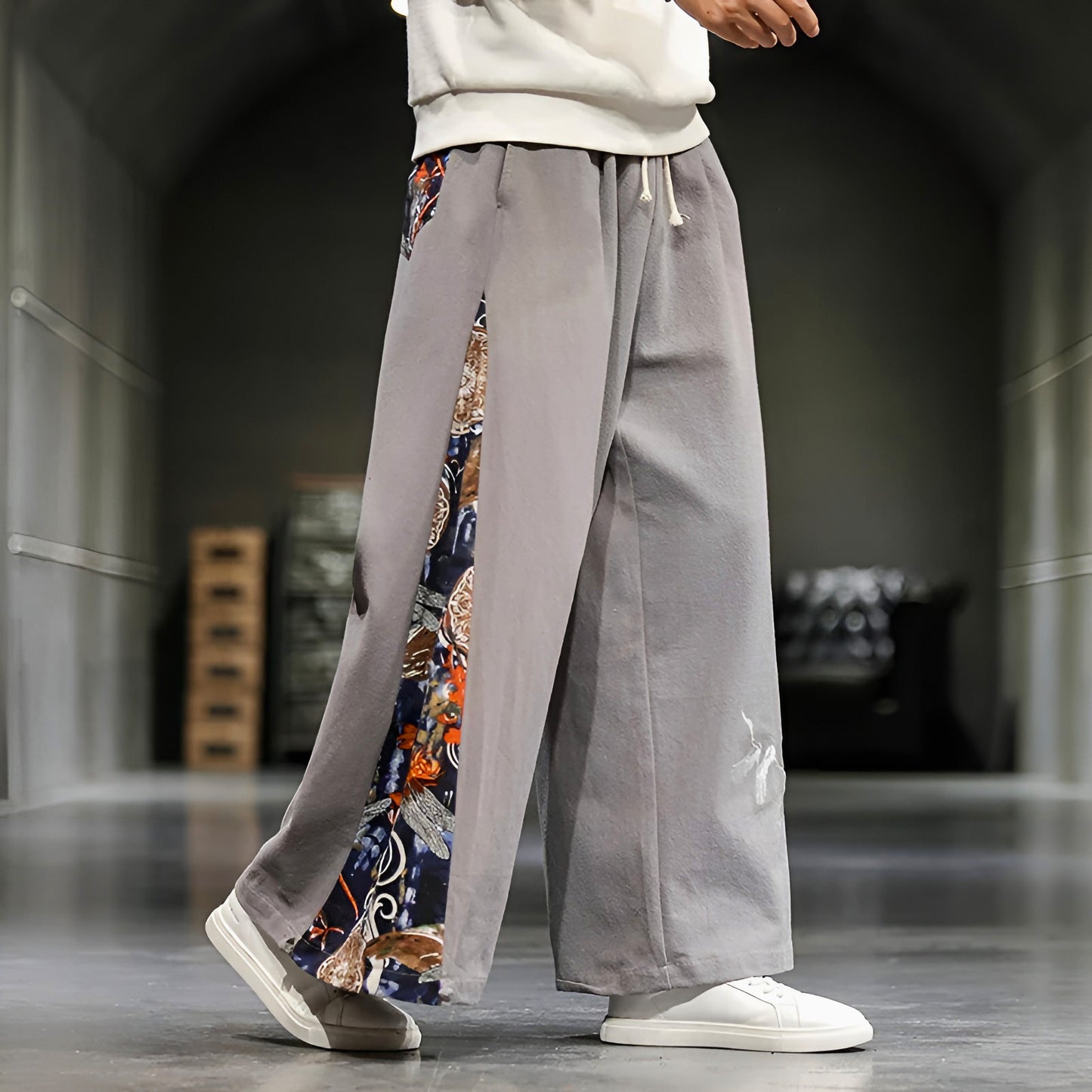 Pantalon Kaizen Brodé En Coton Lin Respirant Avec Broderie Orientale Coupe Large