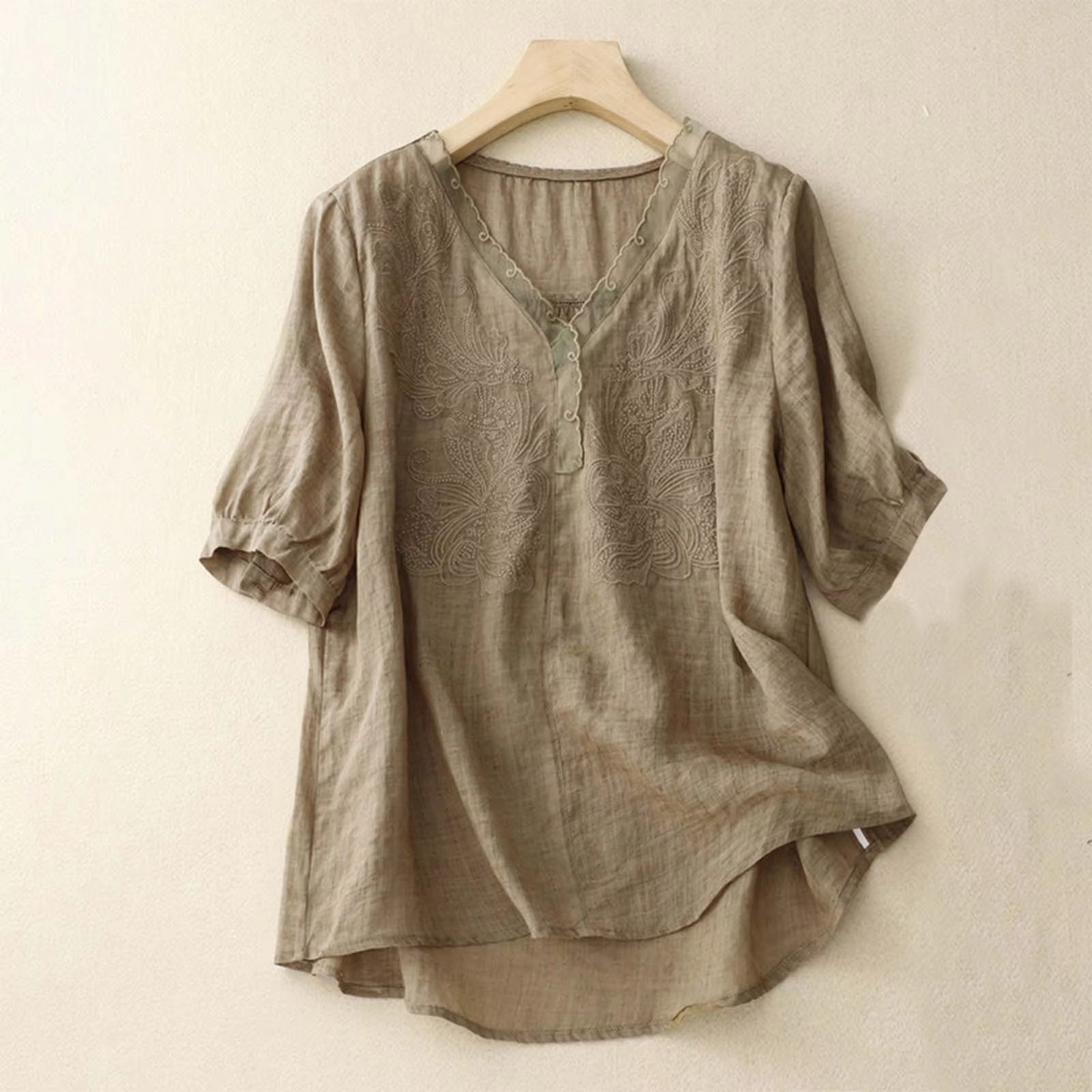 Blouse Vintage En Coton Lin Encolure V Manches Courtes Pour Femme Confortable Et Respirante Été