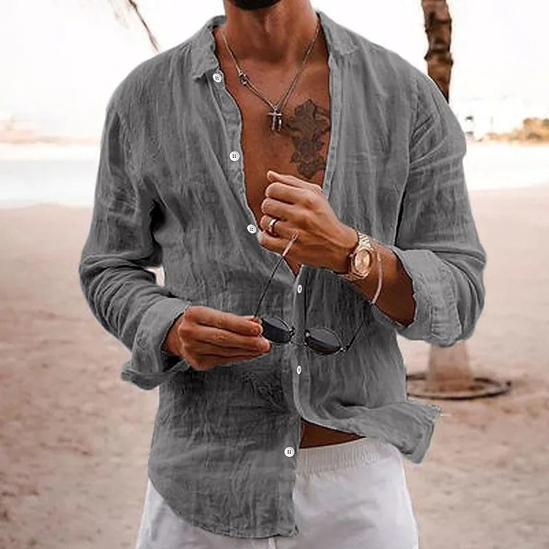 Chemise Homme En Lin Respirante À Manches Longues Légère Décontractée Pour Quotidien Beige Naturel