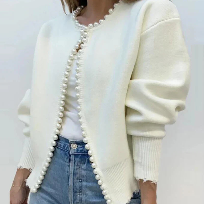 Cardigan En Maille Douce Bordé De Perles Col Rond Décontracté Jacquard Feuilles Tonal Pour Superposer