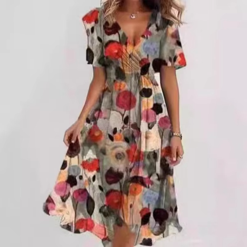 Robe Été Décontractée À Encolure V Imprimé Floral Ample Pour Femme Manches Courtes Confortable Et Respirante