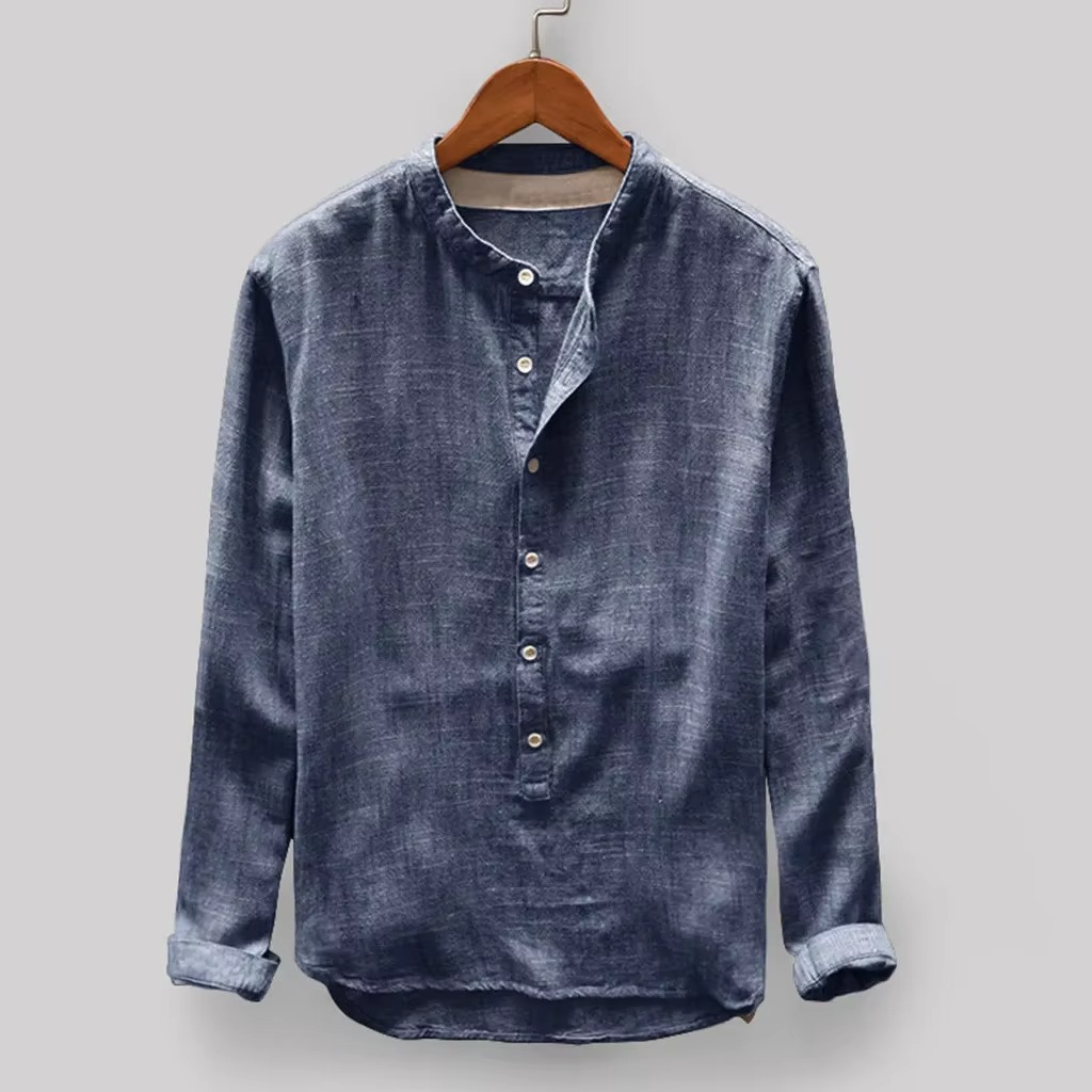 Chemise Homme Modèle 2025 Lin Coton Uni Manches Longues Style Japonais Pour Bureau Et Week End Confortable